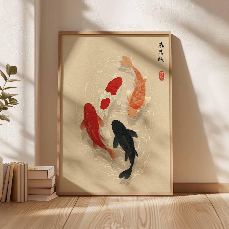 Home Office Japandi - 1 ชิ้นโปสเตอร์ปลาคาร์ฟญี่ปุ่น,ศิลปะบนผนังเอเชียแบบมินิมอล, ภาพวาดบนผ้าใบแบบไม่มีกรอบสไตล์ญี่ปุ่น-ดินแดนเซนสำหรับตกแต่งห้องนั่งเล่น