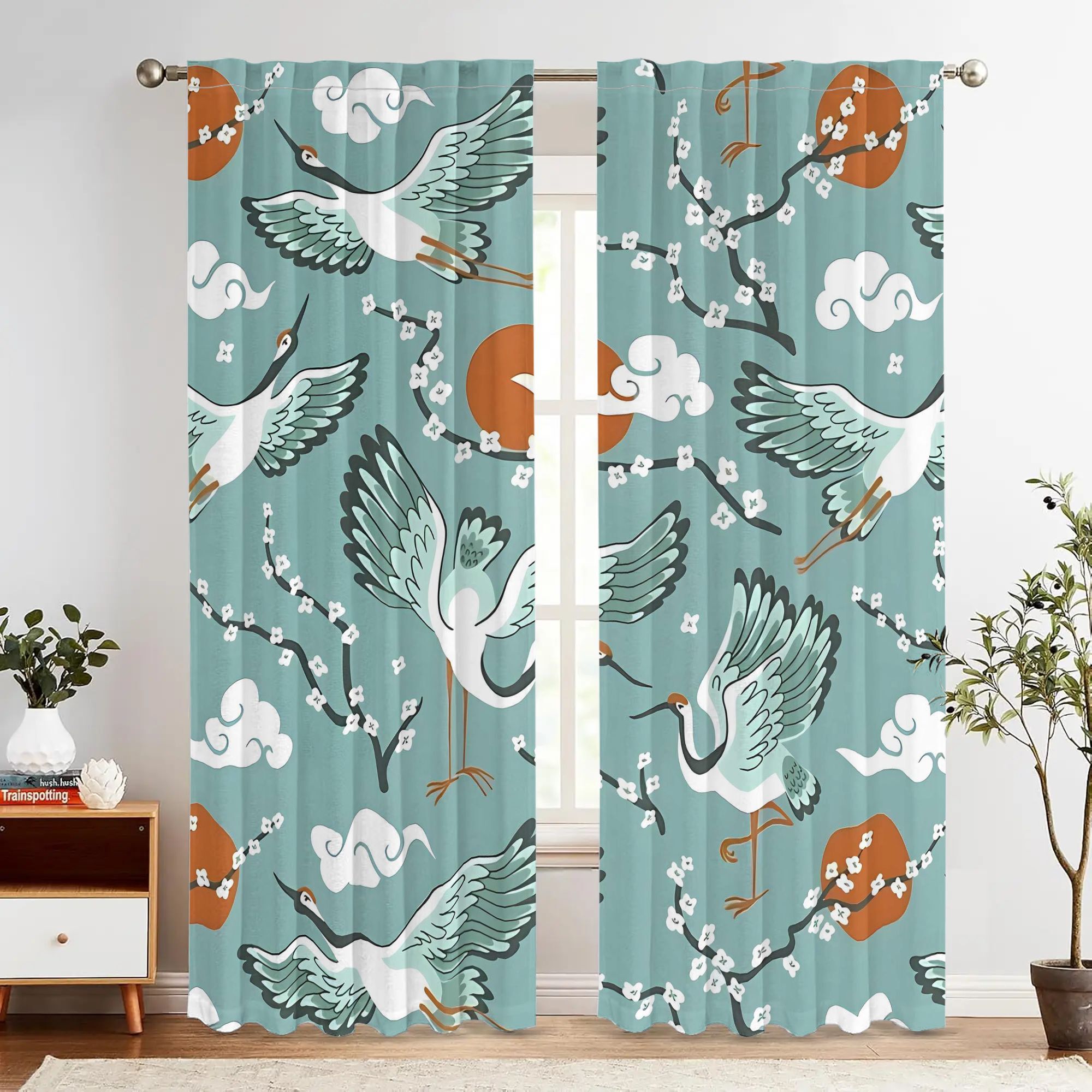 Home Office Japandi - ผ้าม่านลายดอกไม้สีเขียวอมฟ้าสไตล์ญี่ปุ่น ประดับตกแต่งหน้าต่างห้องนั่งเล่นและห้องนอน