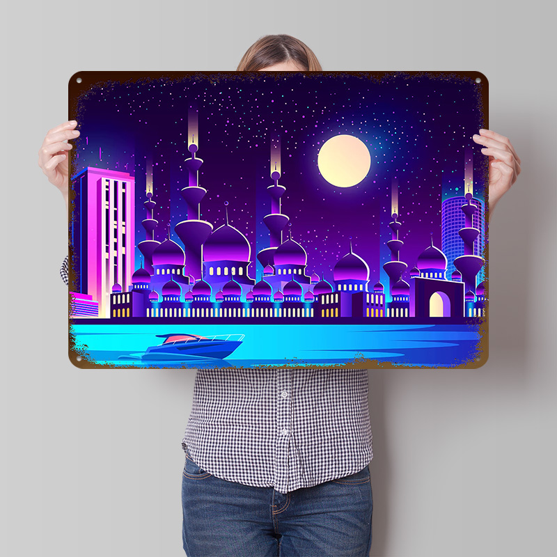 Home Office Dubai - ป้ายโลหะตกแต่งผนังแบบสั่งทำลายเมืองดูไบสไตล์ซินธ์เวฟนีออน ศิลปะติดผนังแบบเรโทรวินเทจ สำหรับตกแต่งห้องแมนเคฟ บ้าน สำนักงาน ห้องพักอาศัย