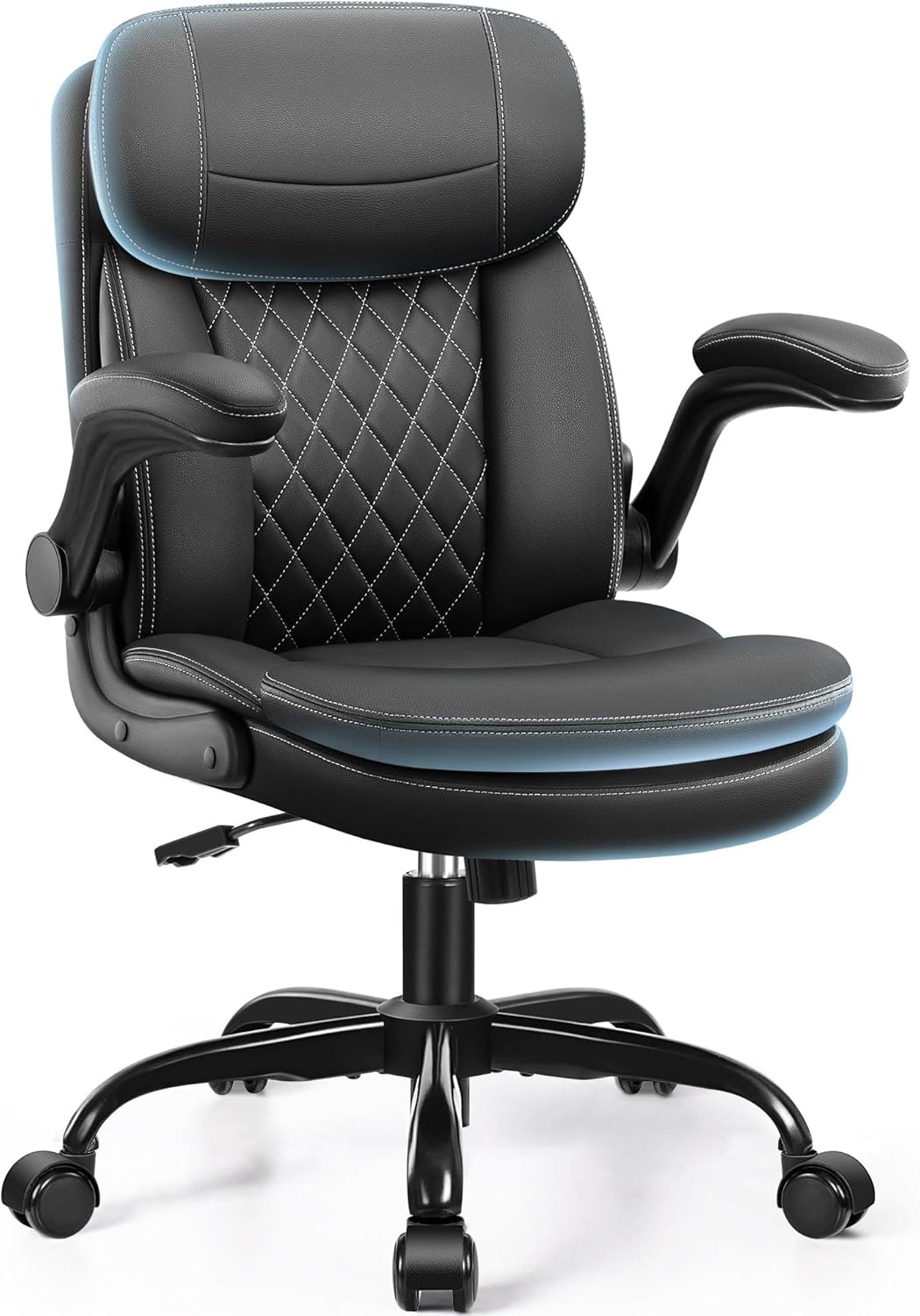 Ergonomic Office Chair - เก้าอี้สำนักงานตามหลักสรีรศาสตร์พร้อมเบาะสองชั้น ที่วางแขนแบบพับได้ และพนักพิงศีรษะสำหรับพื้นที่ขนาดเล็ก สีดำ