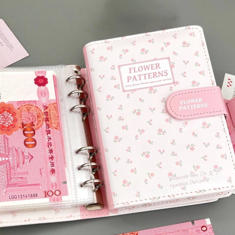 Home Office Budget - สมุดบันทึกเก็บเงินแบบใหม่ หนัง PU ขนาด A6 ลายดอกไม้น่ารัก