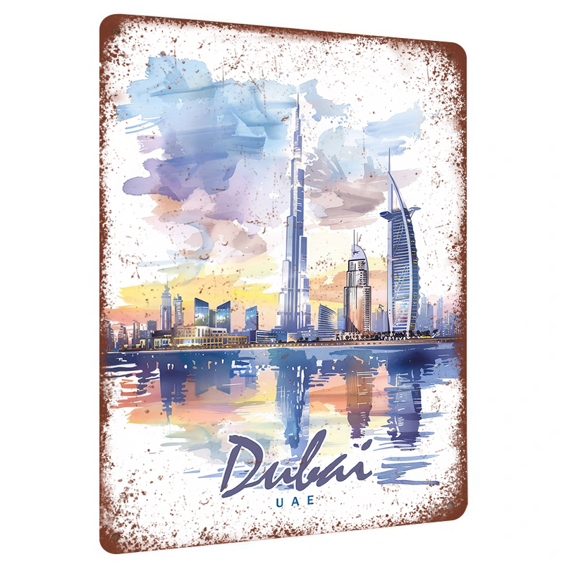 Home Office Dubai - ภาพวาดสีน้ำสกายไลน์ดูไบ งานศิลปะติดผนังโลหะ สถานที่สำคัญของสหรัฐอาหรับเอมิเรตส์ ของตกแต่งบ้านสำหรับห้องนั่งเล่นและสำนักงาน