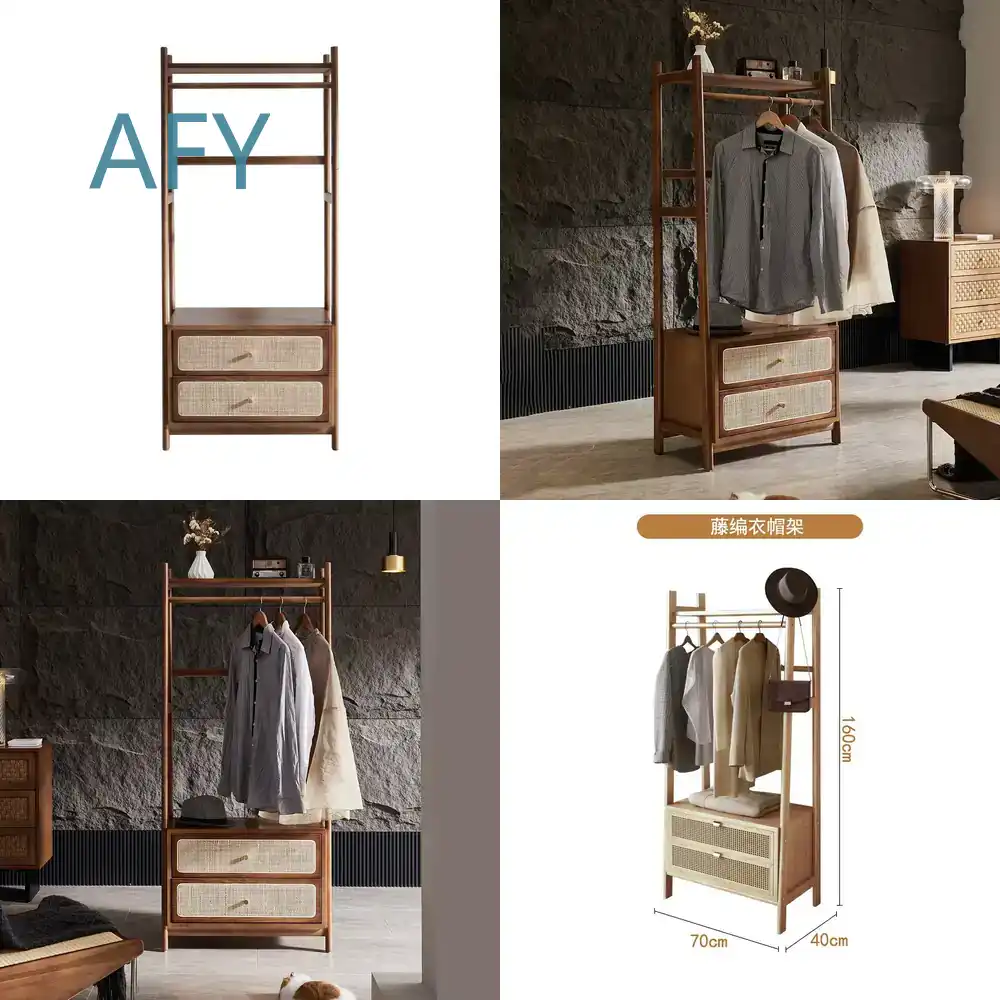 Home Office Ikea - ราวแขวนเสื้อผ้าสไตล์นอร์ดิกเรียบง่ายแบบญี่ปุ่น วัสดุหวายและไม้จริง สำหรับห้องนอน โฮมออฟฟิศ หอพัก ใช้ได้กับเฟอร์นิเจอร์