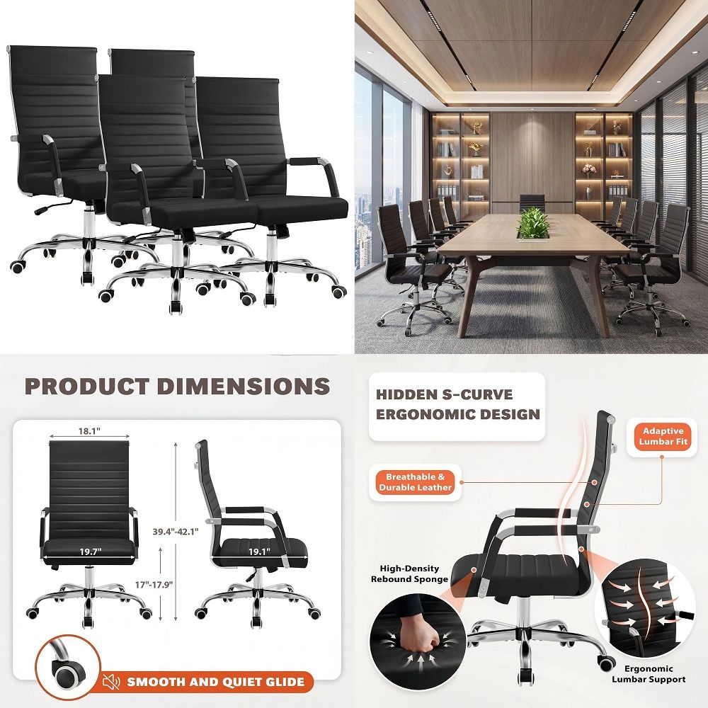 Ergonomic Office Chair - เก้าอี้สำนักงานตามหลักสรีรศาสตร์, เก้าอี้ประชุมหนัง PU พนักพิงกลางแบบมีซี่โครง, เก้าอี้หมุนปรับระดับได้พร้อมที่วางแขน 4