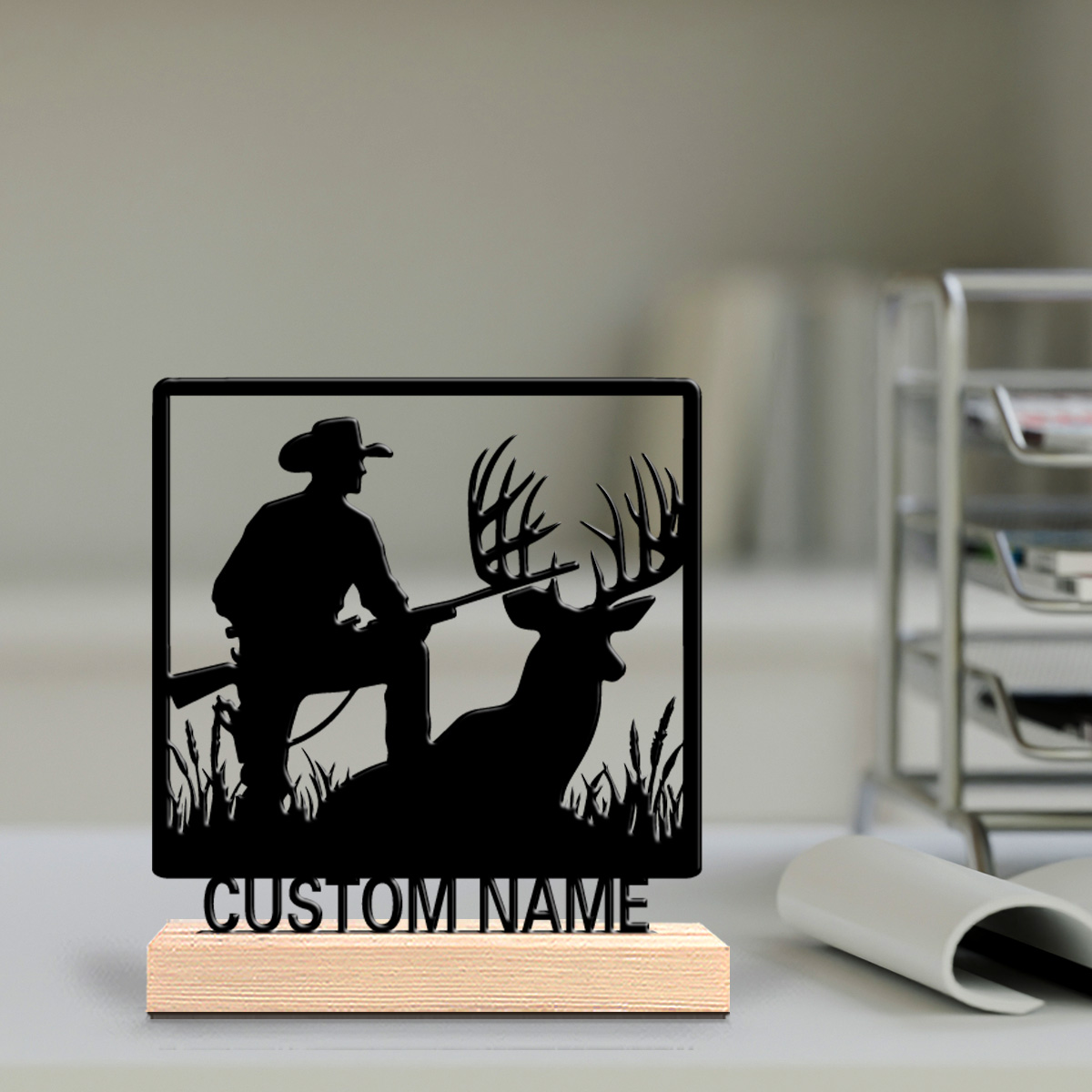 Home Office Industrial Design - รูปปั้นกวางโลหะแบบใหม่ 1 ชิ้น ดีไซน์เฉพาะตัว ฐานไม้ ตกแต่งผนังสำหรับห้องนั่งเล่น
