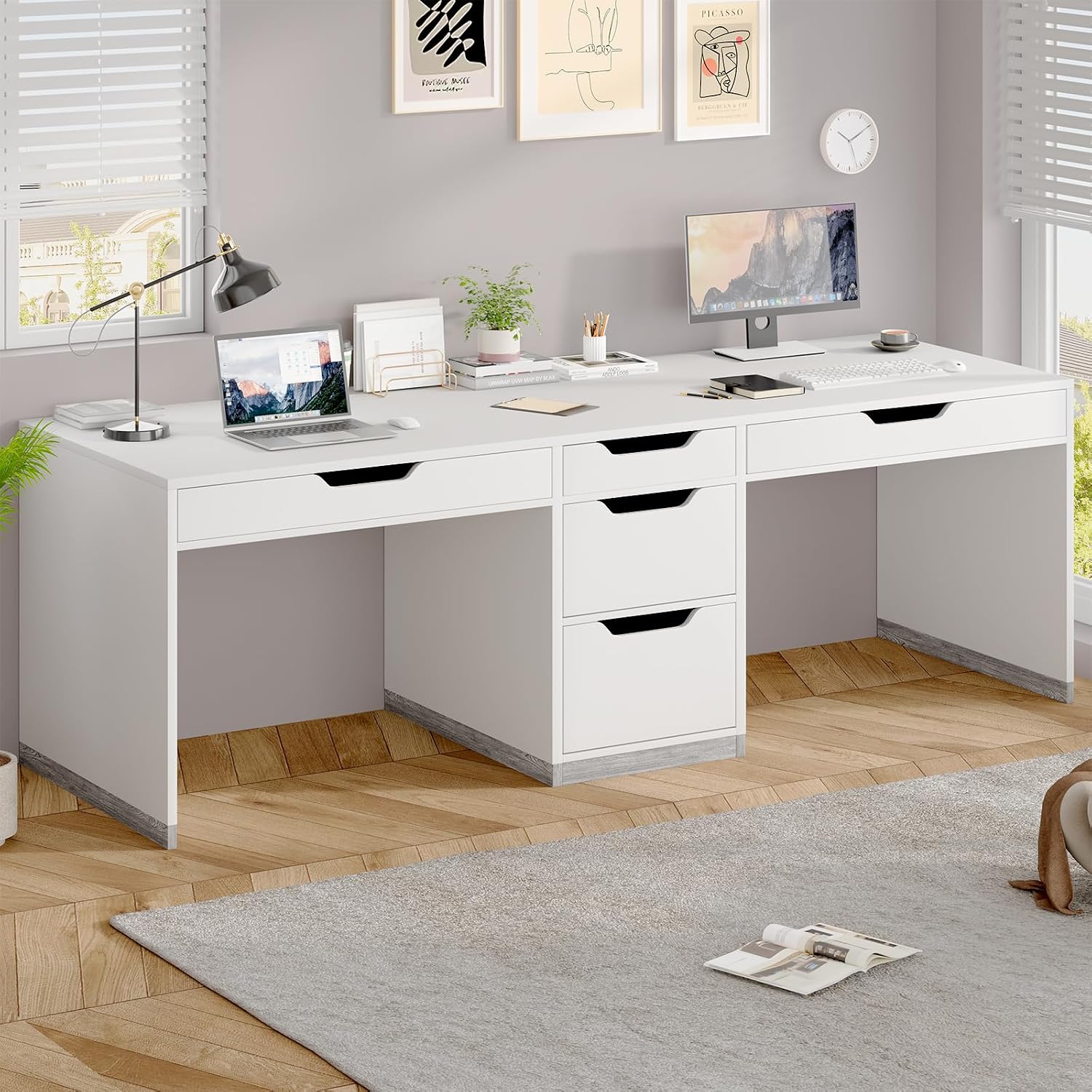 Home Office With Two Desks - โต๊ะทำงานสำหรับสองคนขนาด 78 นิ้ว พร้อมลิ้นชัก 5 ช่องและที่เก็บเอกสาร,