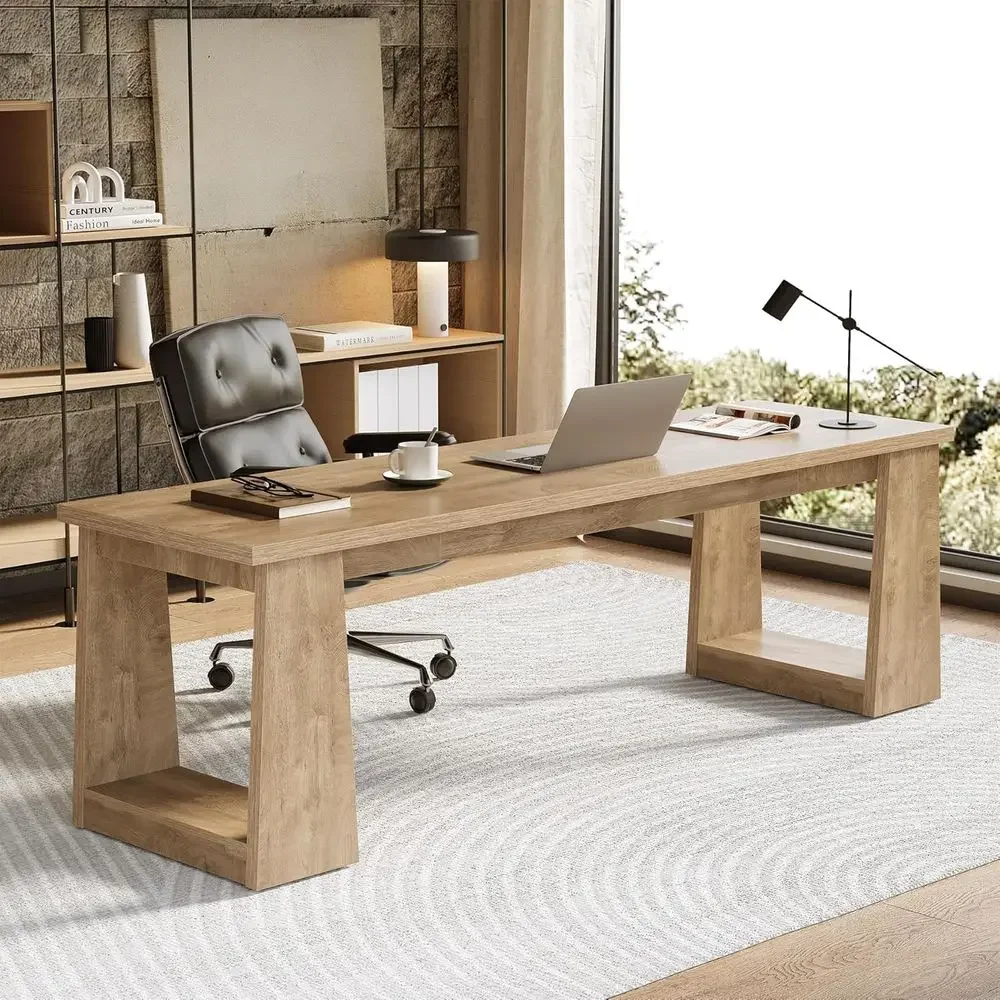 Home Office With Two Desks - โต๊ะทำงานสำนักงานที่บ้านสำหรับสองคน สีน้ำตาลสไตล์เรโทร โต๊ะทำงานผู้บริหารขนาดใหญ่สำหรับการใช้งานคู่