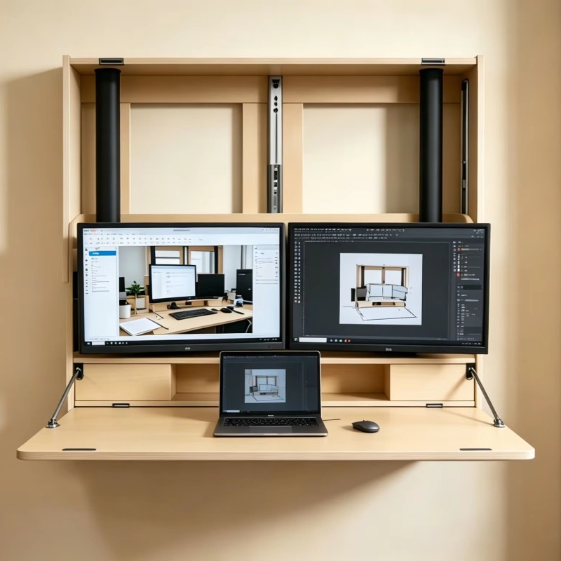 Home Office With Two Desks - โต๊ะทำงานติดผนังแบบพับเก็บได้ ประหยัดพื้นที่ รองรับจอภาพคู่ ขนาด 27 นิ้ว