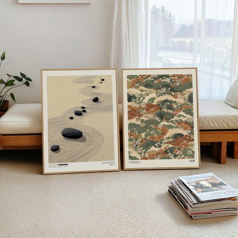 Home Office Japandi - 2 ชิ้น โปสเตอร์ศิลปะบนผืนผ้าใบสไตล์ญี่ปุ่นแบบเซน ภาพพิมพ์ศิลปะญี่ปุ่นแบบมินิมอลไร้กรอบสำหรับบ้านเซน ตกแต่งห้องนั่งเล่น