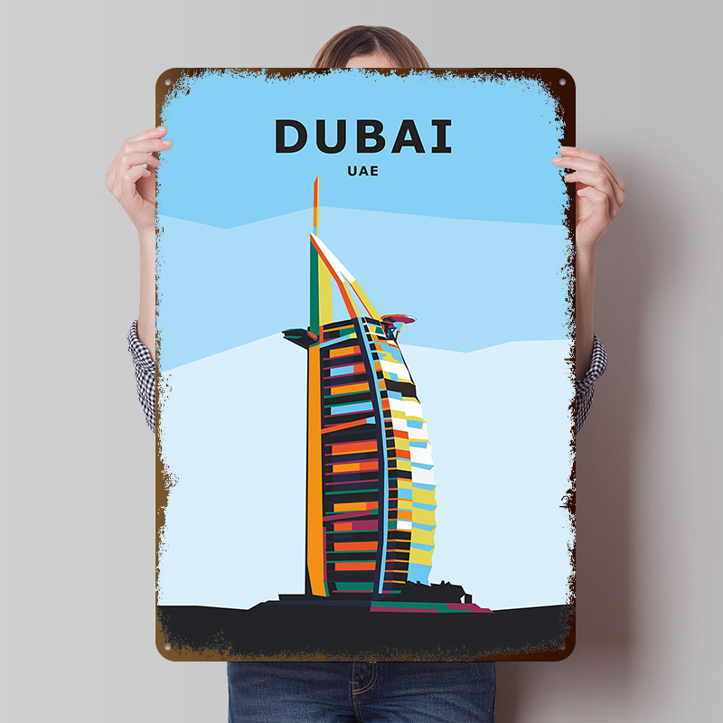 Home Office Dubai - โปสเตอร์ดีบุกท่องเที่ยวดูไบ งานศิลปะติดผนังแบบกำหนดเอง ป้ายโลหะวินเทจ ป้ายดีบุกย้อนยุค สำหรับตกแต่งบ้านและสำนักงาน ตกแต่งห้องเล่นเกม