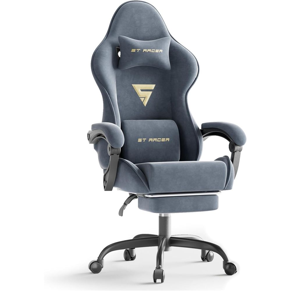 Ergonomic Office Chair - เก้าอี้เกมมิ่งตามหลักสรีรศาสตร์พร้อมที่วางเท้าและระบบนวด พนักพิงสูงปรับเอนได้สำหรับเกมเมอร์ เหมาะสำหรับใช้ในบ้านหรือสำนักงาน (สีเทา)